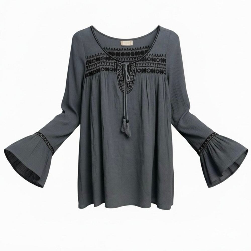 Altar'd State XS Boho Embroidered Peasant Top Long Bell Sleeve Gray Tassel Gauze - Picture 11 of 11